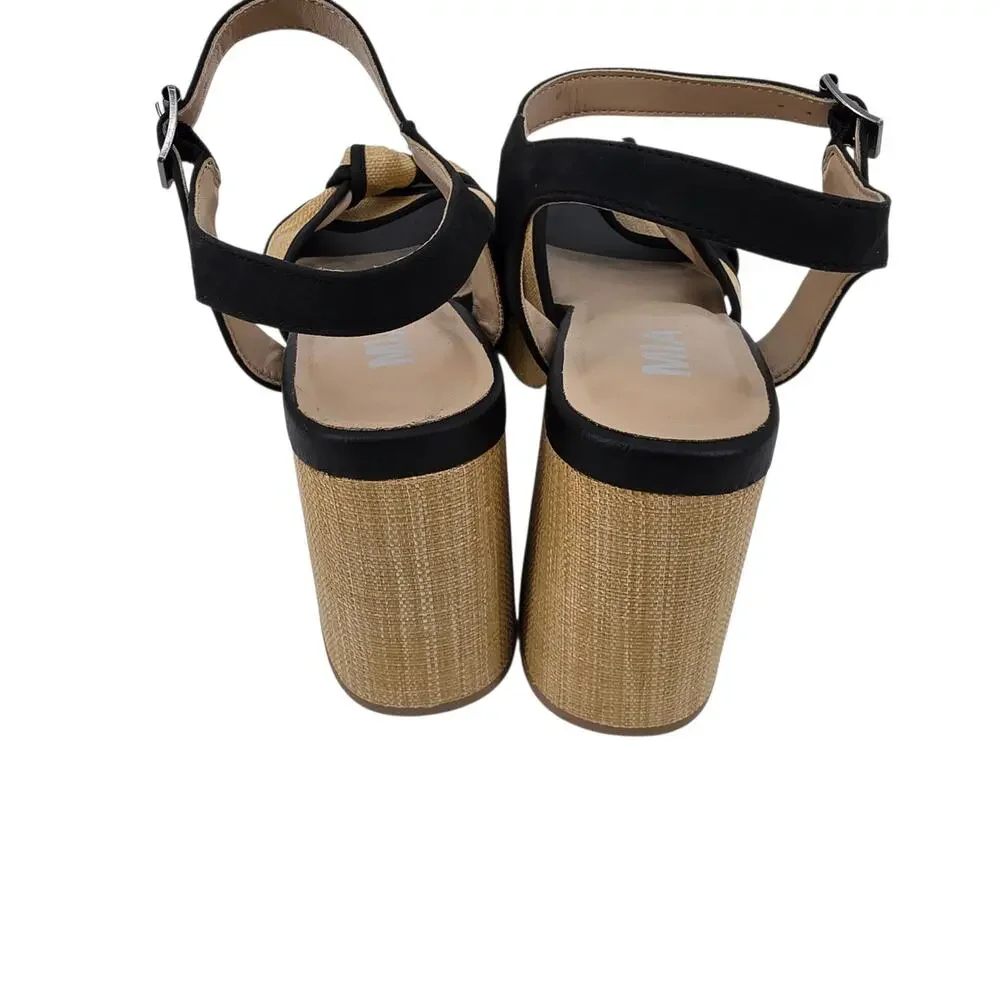 NWOT MIA Tan & Black Woven Roxie Platform Block Heel Ankle Strap Sandals Size 10